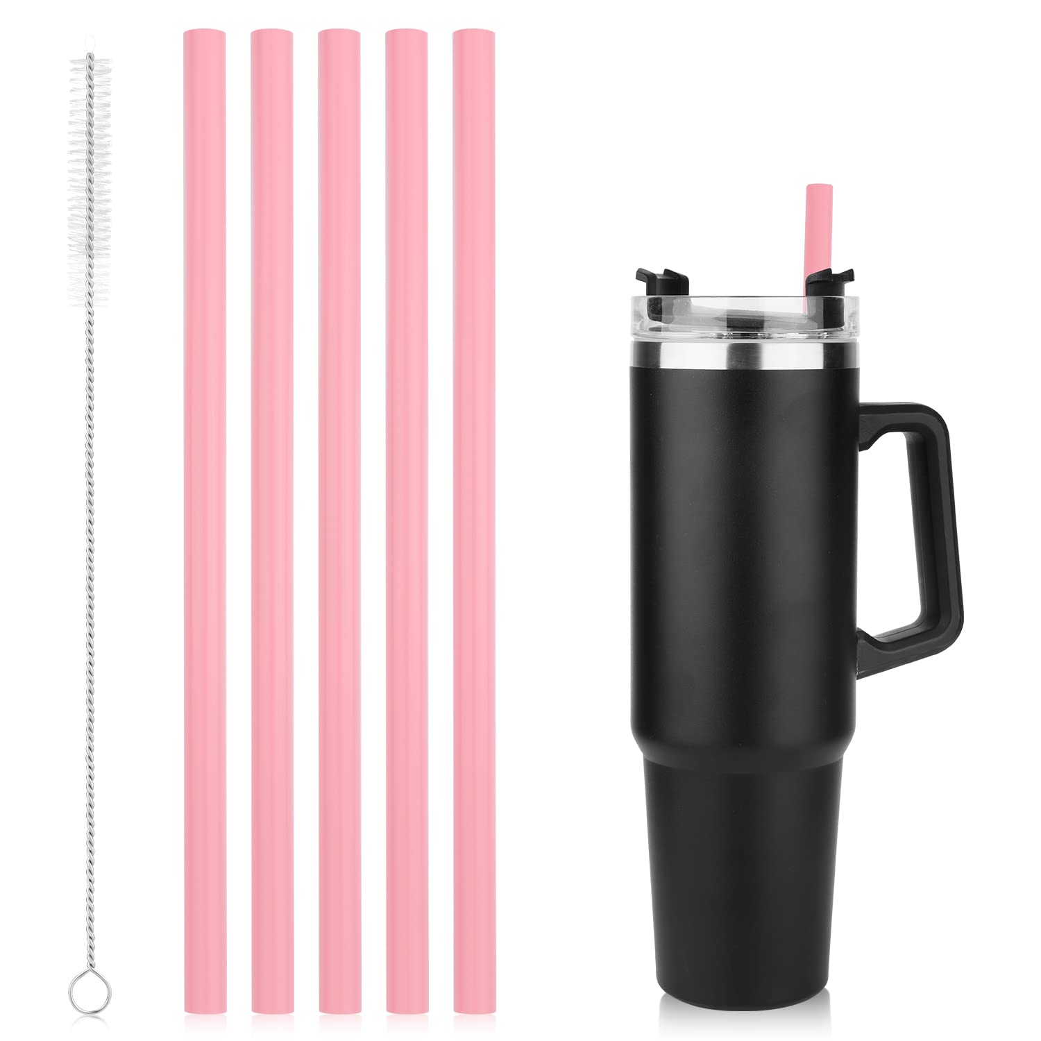 5pcs Replacement Straws for Stanley Adventure Travel Tumbler 40oz Silicone Straw with Cleaning Brush Reusable Straws for Stanley IceFlow Tumbler Stanley Flip Straw Tumbler (Pink)